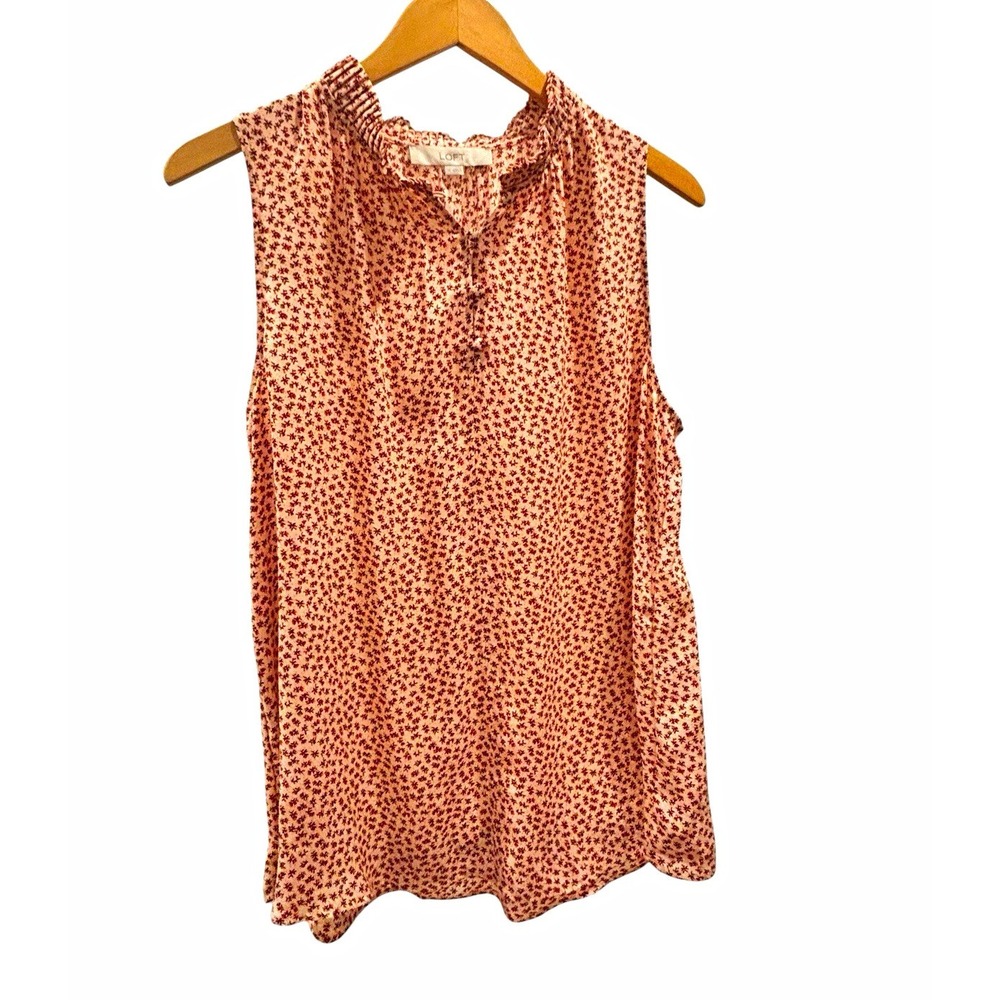 LOFT Women's Pink Floral Mock Neck Ruffle Button Sleeveless Blouse Top Size M